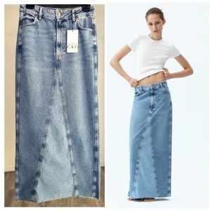 ZARA CONTRASTING Z1975 DENIM MIDI SKIRT NWT